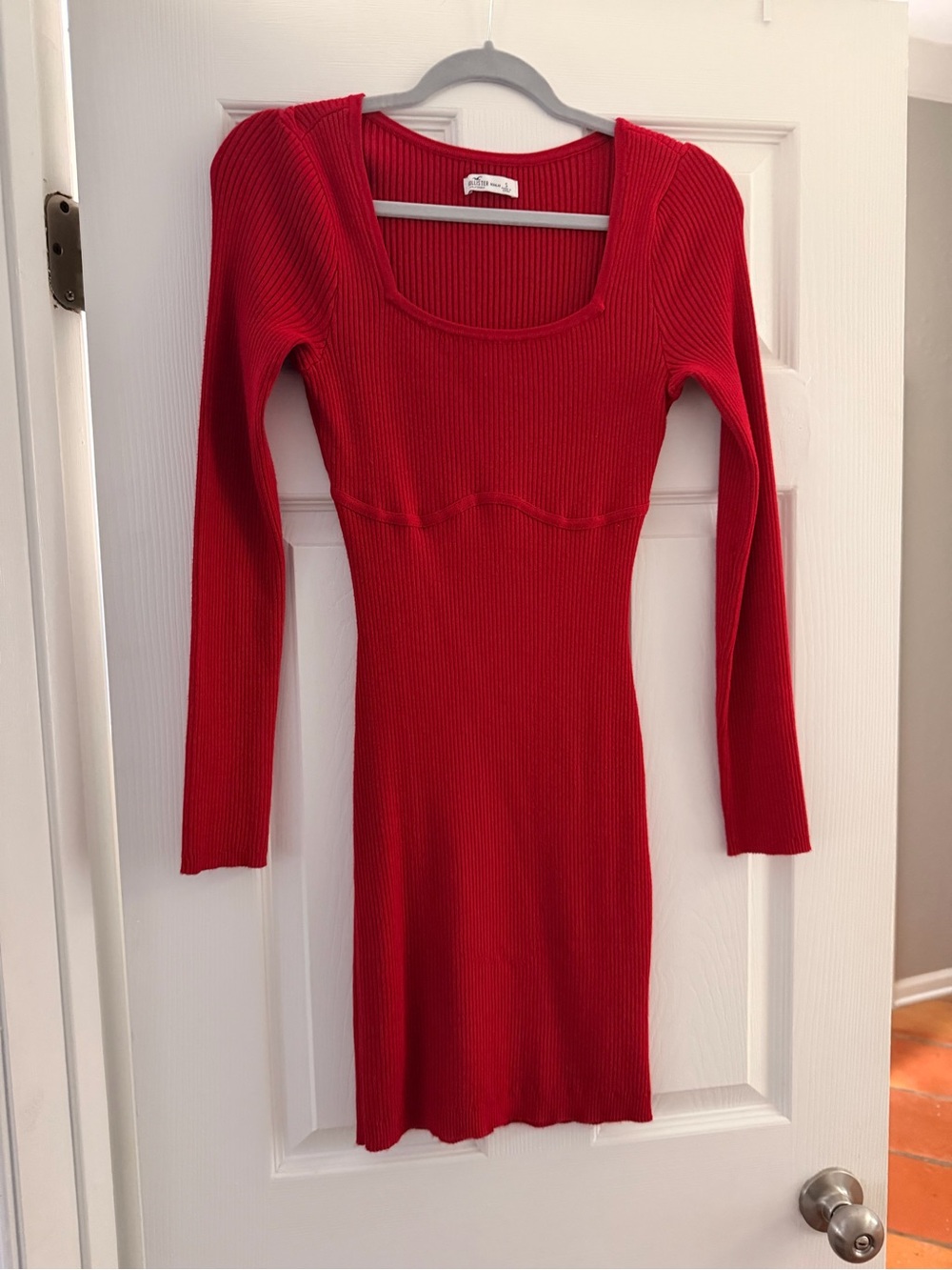 Hollister Red Ribbed Long Sleeve Scoop-Neck Dress